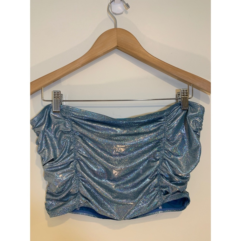 Mermaid Blue Holographic Ruched Tube Top Small‎ Metallic Festival Rave Womens - Picture 2 of 6